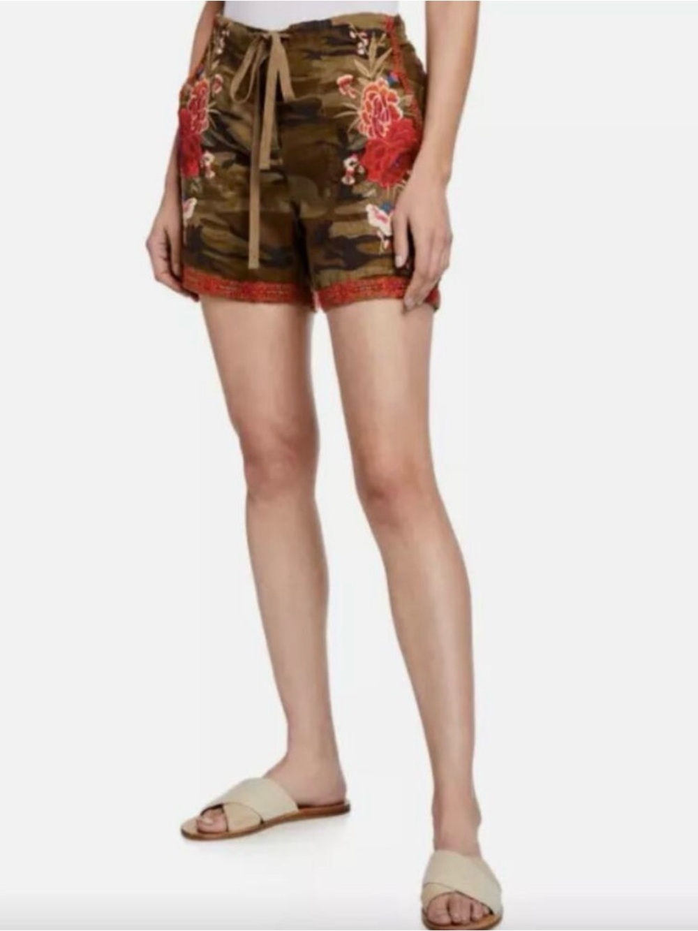 Johnny Was Olive Camo linen Shorts with Red Floral Embroidery